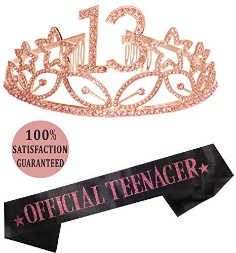 Book Cover 13th Birthday Gifts for Girl, 13th Birthday Tiara and Sash, Happy 13th Birthday Party Supplies, Official Teenager Satin Sash and Crystal Tiara Crown, 13th Birthday Party Decorations