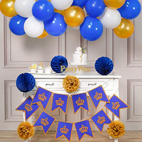 PartyWoo Blue and Gold Balloons, 37 pcs 12 in Royal Blue Balloons, White Gold Balloons, Tissue Pom Poms, Royal Banner, Gold Navy Blue Balloons, Royal Blue and Gold Balloons for Royal Blue Baby Shower
