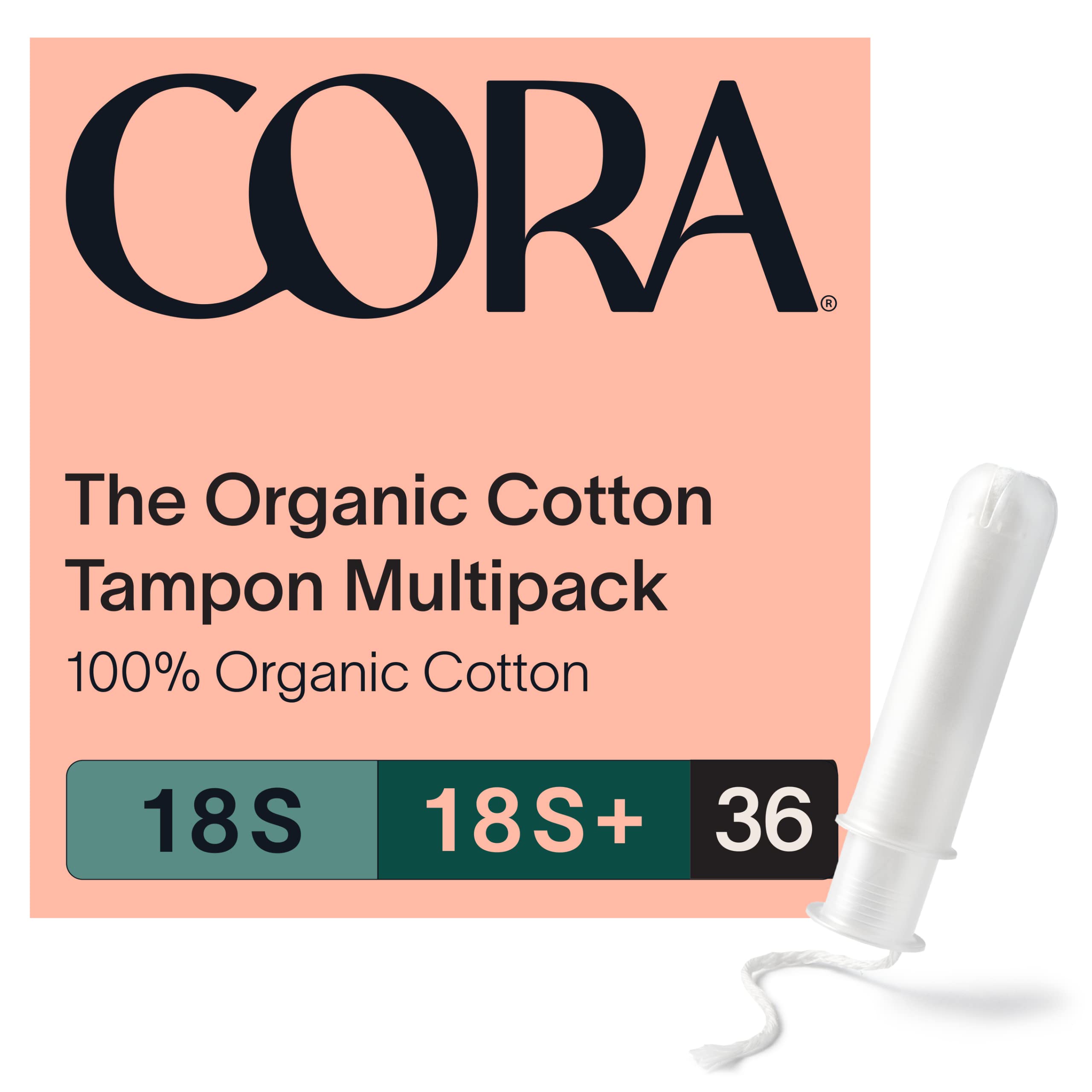 Cora Organic Applicator Tampon Multipack | 18 Super and 18 Super Plus Absorbency | 100% Organic Cotton, Unscented, Plant-Based Compact Applicator | Leak Protection, Easy Insertion | 36 Count Total 36 Count (Pack of 1)