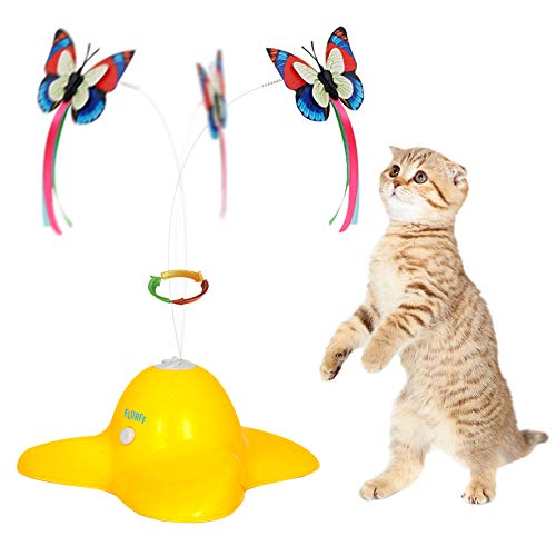 FLURFF Cat Toys Interactive, Automatic Electric Rotating Butterfly Cat Toy, Funny Exercise Cat Teaser Toy, Flutter Spinning Battery Operated Kitten Toy, 2 Butterfly Replacements (Yellow)