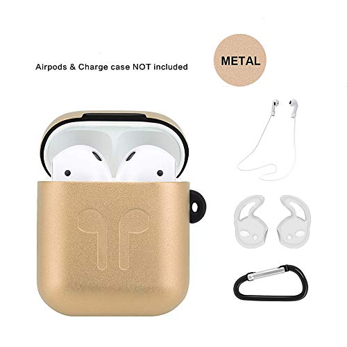 AirPods Case Cover, Airpods Accessories Kit, Full Protective Portable Metal and Silicone for Apple Airpods with Airpods Ear Hook Grips/Airpods Staps/Airpods Clips/Skin/Tips (Gold)
