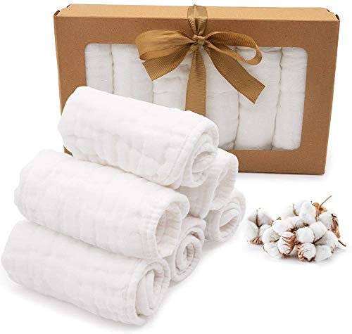 Baby Muslin Washcloths, FUNCUBE 10 Layer 100% Natural Cotton Baby Wipes 12x12 inches - Soft Fluffy Breathable Newborn Wash Cloths Great for Kids Allergic Skin,6 Pack