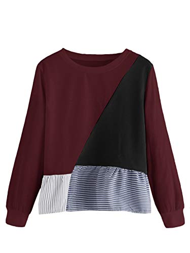 SweatyRocks Women's Causal Blouse Striped Color Block Ruffle Hem Long Sleeve T Shirt Tops