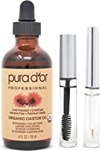 PURA D'OR Castor Oil (4oz) 100% Pure Natural USDA Organic Carrier Oil for Body, Hair Growth, Eyebrows, Eyelashes - Cold Pressed Hexane Free Oil to Moisturize & Heal Dry Skin With Bonus Brush Kits