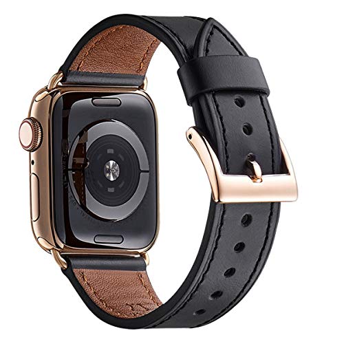 Book Cover WFEAGL Compatible iWatch Band 44mm, Top Grain Leather Band Gold Adapter Match iWatch Series 4 Gold Stainless Steel Case Perfectly (Black Band+Gold Adapter+Square Buckle, 44mm)