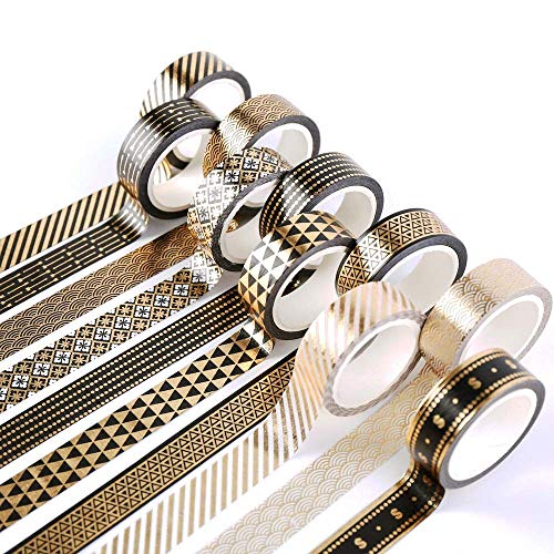 YUBBAEX 10 Rolls Washi Tape Set Masking Black Gold Foil Print Decorative for Arts, DIY Crafts, Bullet Journals, Planners, Scrapbooking, Wrapping (15mm x 10 Rolls)