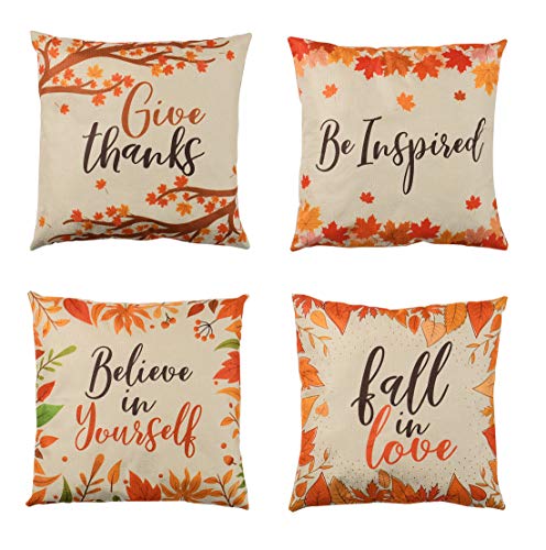 Book Cover DessieYBV Set of 4 Fall Pillow Covers 18x18 | Thanksgiving Pillow Covers for Autumn Decor | Fall Foliage Seasonal Pillow Covers