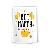 Honey Dew Gifts Funny Kitchen Towels, Bee Happy Flour Sack Towel, 27 inch by 27 inch, 100% Cotton, Highly Absorbent, Multi-Purpose Kitchen Dish Towel, 10078