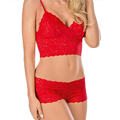 Zronji Women Spaghetti Strap Lingerie Set Lace Two Piece Set with G-String Sleepwear Red