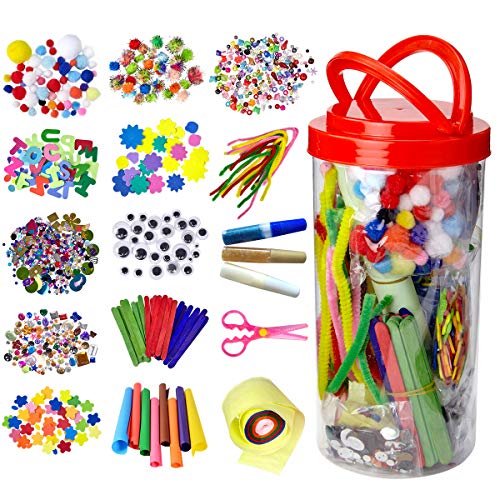 Dragon Too Mega Kids Art Supplies Jar - Over 1,000 Pieces of Colorful and Creative Arts and Crafts Materials - Glue, Safety Scissors, Pompoms, Popsicle Sticks, Pipe Cleaners and Loads More