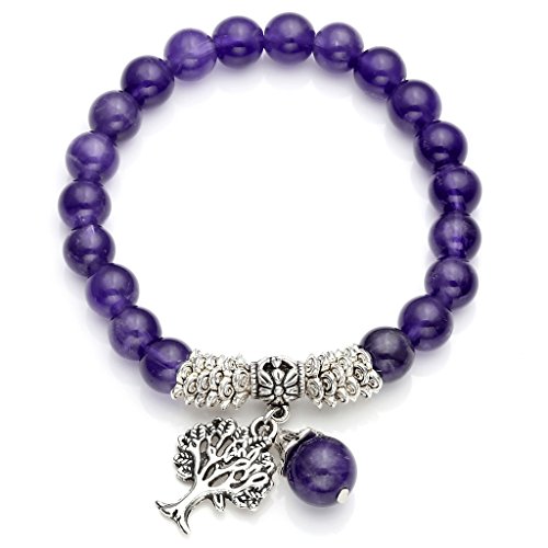 Top Plaza Stretch Rose Quartz Tree of Life Lucky Stone Bracelet Reiki Healing Crystal Gemstone Dangle Charms Pendant Birthstone Bracelet(6.2")