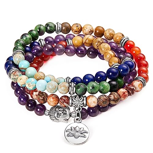 Bivei 108 Mala Beads Bracelet - Genuine Gemstone Mala Prayer Beads Lotus Charm Meditation Necklace