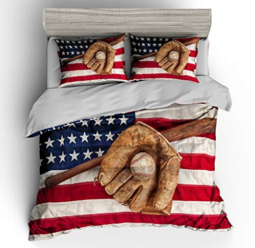 SHOMPE 3D American Flag Baseball Bedding Set,Kids 3 Piece Duvet Cover Set with Pillow Shams for Teens Boys Girls,NO Comforter,Twin Size