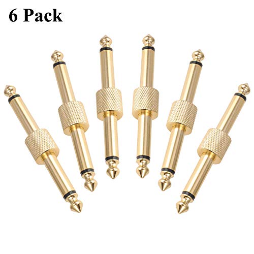 OTraki 6 Pack Guitar Effect Pedal Coupler 1/4 inch Male to 6.3mm Male Copper Connectors Straight Type Gold Plated for Guitar Effect Pedalboard Space Saving