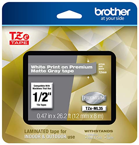 Brother P-Touch TZe-ML35 White Print on Premium Matte Gray Laminated Tape 12mm (0.47”) Wide x 8m (26.2’) Long, TZEML35