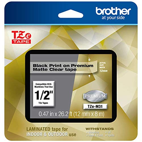 Brother P-Touch TZe-M31 Black Print on Premium Matte Clear Laminated Tape 12mm (0.47”) Wide x 8m (26.2’) Long, TZEM31