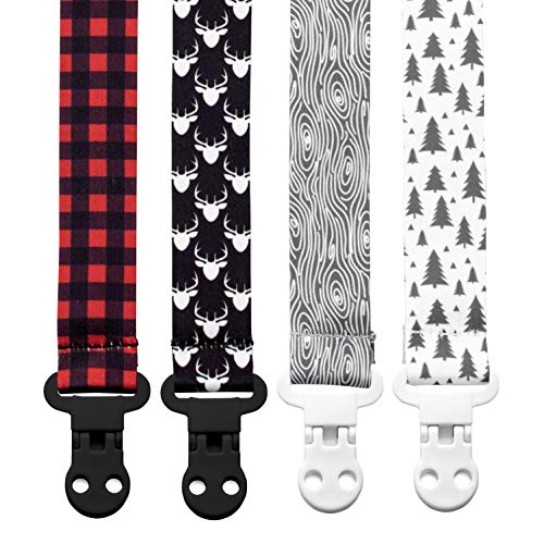 Stadela Baby Pacifier Clip Leash Soothie Teething Ring and Teether Toy Holder for Boy 4 Pack Baby Shower Birthday Gift Set Lumberjack Hunting Deer Woodland Forest Buffalo Check Plaid