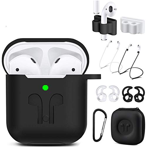 AirPods Case Compatible Apple AirPods 2&1,9 in 1 AirPods Accessories Set Protective Cover and Silicone Skin with Earpods Keychain/Strap/Ear Hook/Carrying Box-Black