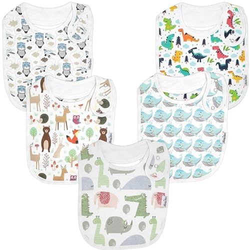 Premium, Organic Cotton Toddler Bibs, Unisex 5-Pack Extra Large Baby Bibs for Boys and Girls by KiddyStar, Baby Shower Gift for Feeding, Drooling, Teething, Adjustable 5 Positions (Bears & Whales)