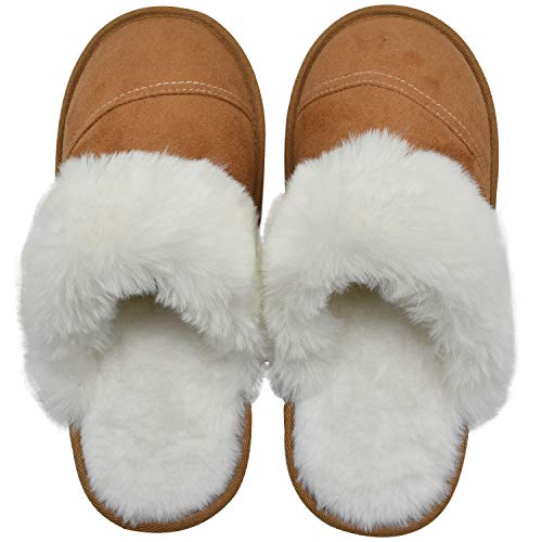 Womens Faux Fur Warm Memory Foam Slippers Suede Slip-on Cozy House Shoes Non-Slip Sole Khaki
