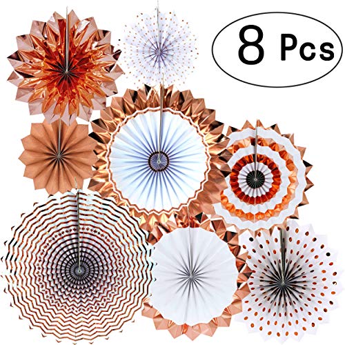 Rose Gold Bachelorette Party Hanging Paper Fans - Wedding Engagement Anniversary Party Girls Birthday Baby Shower Valentines Mother's Day Party Photo Booth Backdrops Ceiling Hangings Decorations, 8pc