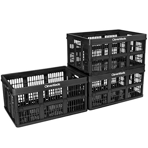CleverMade 45L Collapsible Storage Bins, Plastic Stackable Grated Wall Utility Containers, CleverCrates Baskets, Black, 3 Pack