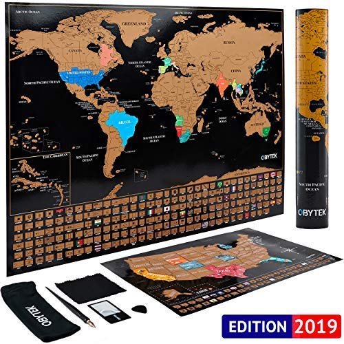 Obytek Scratch Off Travel Map Set Includes Flat World Map and US Map Posters Plus Magnifying Glass, Scratching Tools and Wiping Cloth (Black)