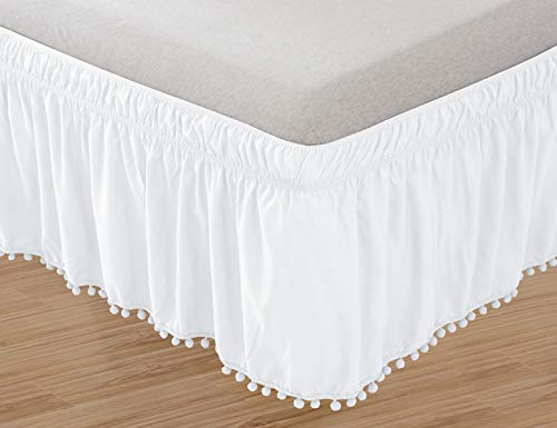 Book Cover Elegant Comfort Luxury Top-Knot Tassle Pompom Fringe Ruffle Bed Skirt -Wrap Around Style- Elastic Bed Wrap- Wrinkle Resistant 16inch Drop, Twin/Full, White