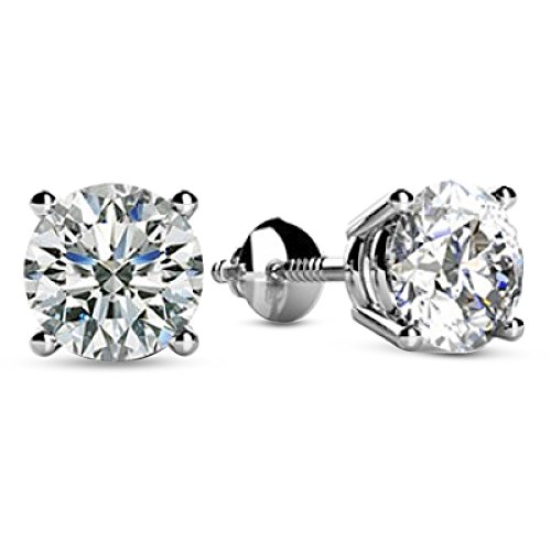 Houston Diamond District 0.25 to 2 Carat Total Weight Round Diamond Stud Earrings for Women 4 Prong Screw Back (F-G Color SI2-I1 Clarity) 14K White Gold 2 Carat