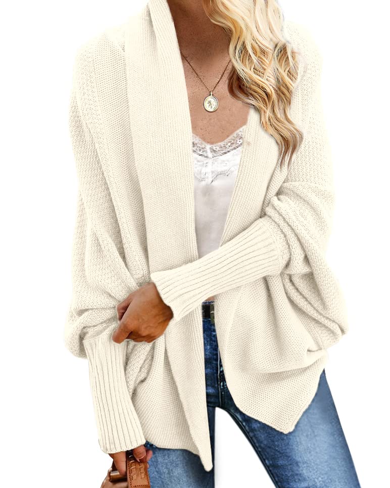 Imily Bela Women's Kimono Batwing Cable Knitted Slouchy Oversized Wrap Cardigan Sweater X-Small White