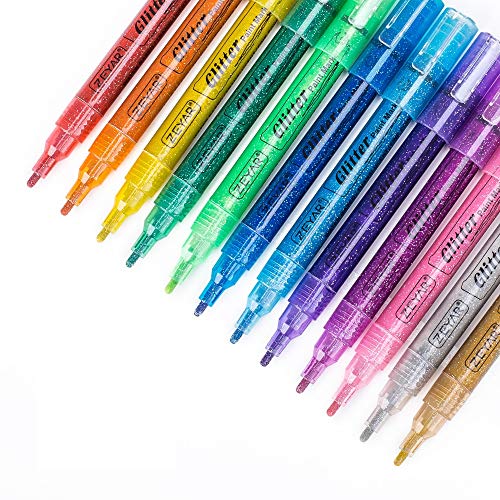 Glitter Paint Marker Pens, Water Based, Fine Point, Set of 12, Multiple Colors, Great for Gift Card, Poster, Album, Christmas Card and more