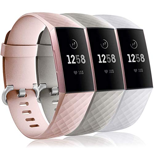 Wepro Bands Replacement Compatible Fitbit Charge 3 for Women Men Small, 3 Pack Sports Watch Band Strap Waterproof Wristband for Fitbit Charge 3 & Charge 3 SE Fitness Tracker, Gray, Pink Sand, White