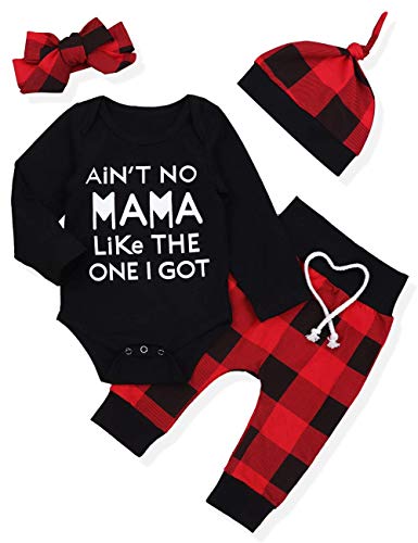 Newborn Infant Baby Boy Girl Clothes Long Sleeve Romper Top,Plaid Pants+ Cute Hat 4Pcs Clothes Outfits Set