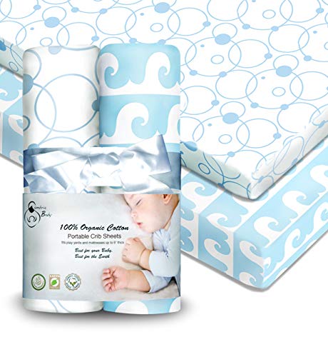 Cambria Baby 100% Organic Cotton Fitted Sheets for Pack â€˜n Play & Other Portable Mini Cribs. Fits on Playards & Mattresses up to 5 in Thick. Blue/White Wave and Bubble Patterns. 2 Pack