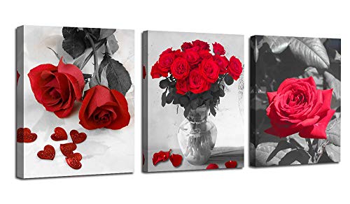 Ardemy Canvas Wall Art Red Rose 3 Panels Flowers Pictures Prints Black and White Painting Modern Romantic Florals Framed Ready to Hang for Bathroom Kitchen Bedroom Washing Room Spa Wall Decor