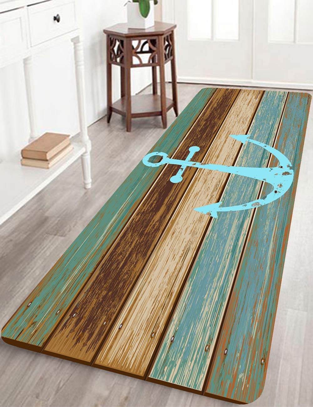 Bathroom Rugs, Kitchen Rug Non-Slip Soft Absorbent Bath Mats with Nautical Anchor Flannel for Bathroom Kitchen and Hallway 24 inches X 71 inches Turquoise/Brown Nautical Anchor 71" X 24"