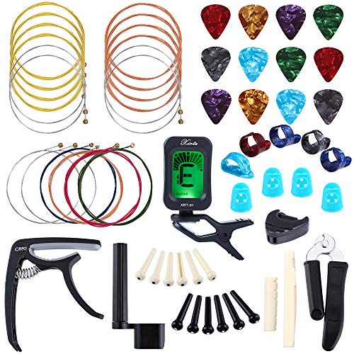 Book Cover Auihiay 58 PCS Guitar Accessories Kit Including Guitar Strings, Picks, Capo, Thumb Finger Picks, String Winder, Bridge Pins, Pin Puller, Pick Holder, Finger Protect