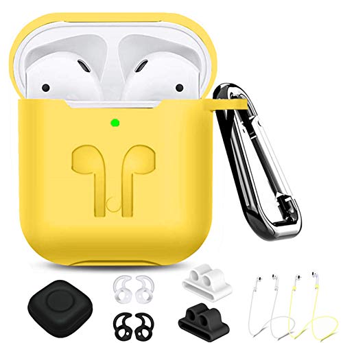 AirPods Case Compatible Apple Airpods 2&1 , 9 in 1 Airpods Accessories Kits Protective Silicone Cover and Skin with Earpods Watch Band Holder/Ear Hook/Strap/Clip/Keychain/Grip[LED Visible]-Yellow
