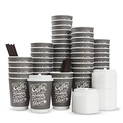 Aplus Trend To Go Disposable Hot Coffee Cups with Lids & Stirrers | 12oz 50pcs Pack Double Wall, Recyclable, Insulated | No Sleeves Need | Takeaway Paper Cups for Hot Drinks (Gray, 12 oz)