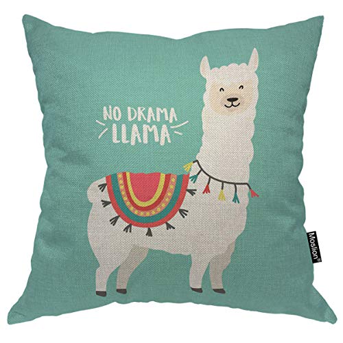 Moslion Llama Pillows Cute Cartoon Animal Llama Alpaca with Ethnic Cloth No Prob Llama Motivational Quote Green Throw Pillow Cover Decorative Square Accent Cotton Linen Home Pillow Case 18X18 Inch