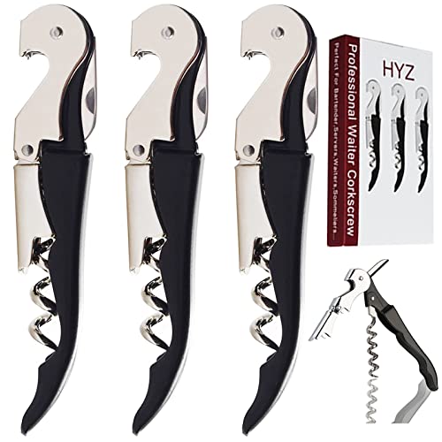 Book Cover HYZ Heavy Duty Chrome Waiter Corkscrew Wine Opener with Foil Cutter, Professional 3Pack Wine Key for Bartenders and Waiter, Black Bottle Opener for Wine and Beer