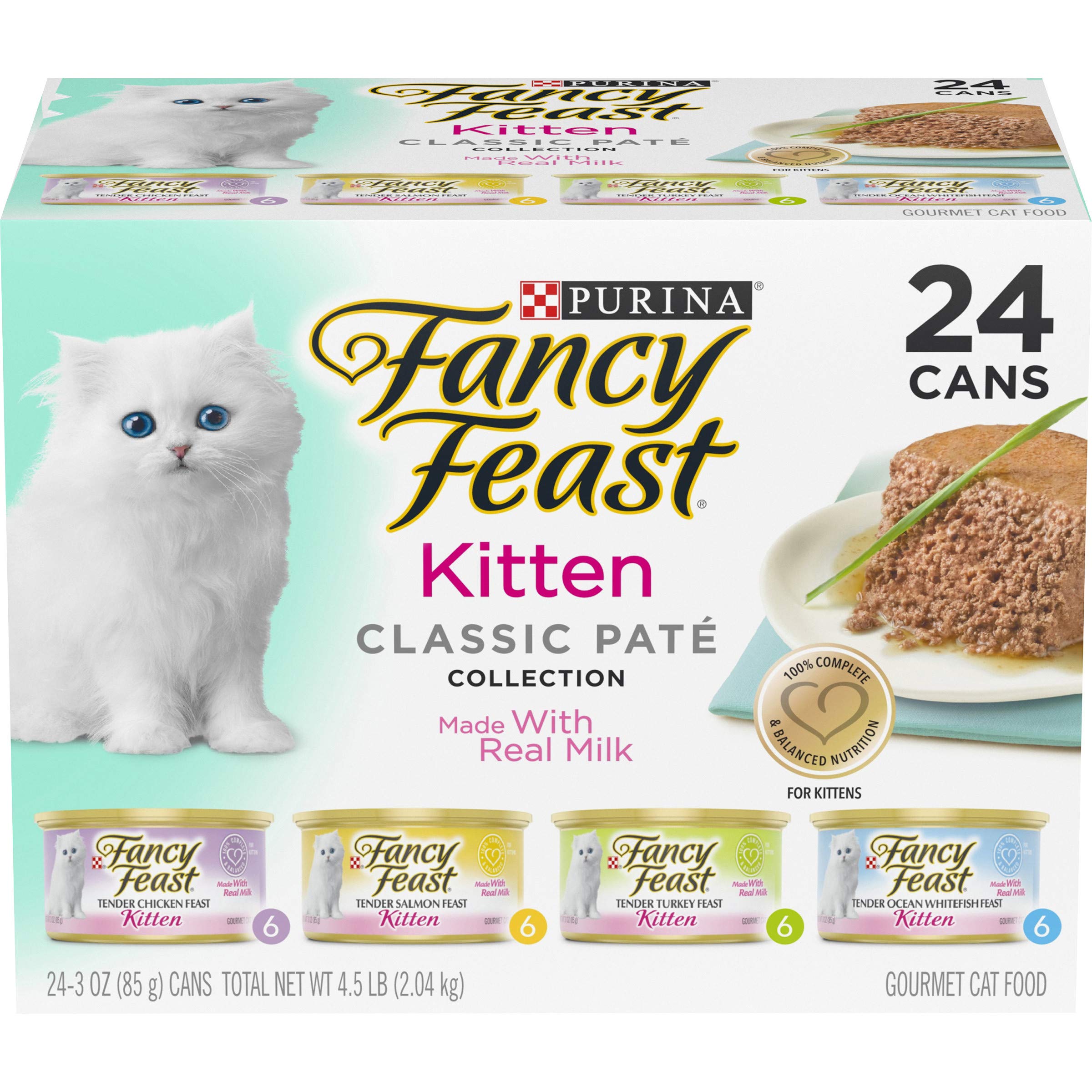 Book Cover Purina Fancy Feast Grain Free Pate Wet Kitten Food Variety Pack, Kitten Classic Pate Collection, 4 flavors - (24) 3 oz. Boxes