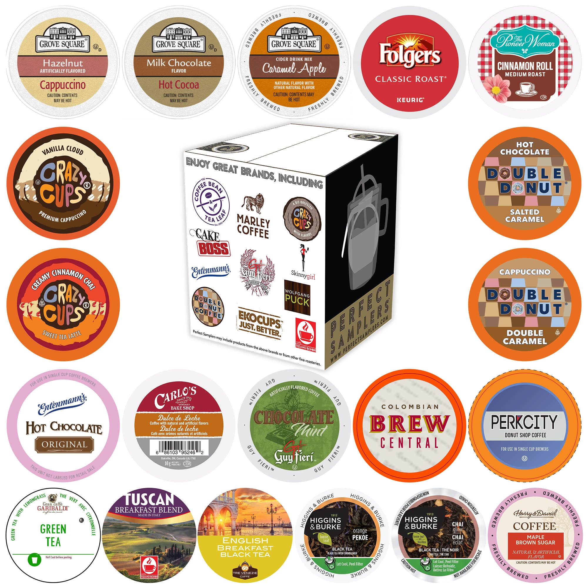 Book Cover Perfect Samplers Coffee, Tea, Cider, Cappuccino, and Hot Chocolate Single Serve Cups For Keurig K cup Brewers, Premium Mix, 20 Count Mixed Variety