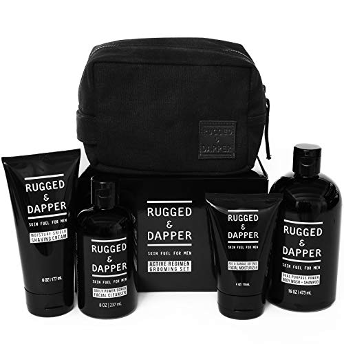 RUGGED & DAPPER Active Regimen Grooming and Skincare Set for Men | Includes Body Wash Shampoo + Face Wash + Facial Moisturizer + Shaving Cream in a Travel Bag
