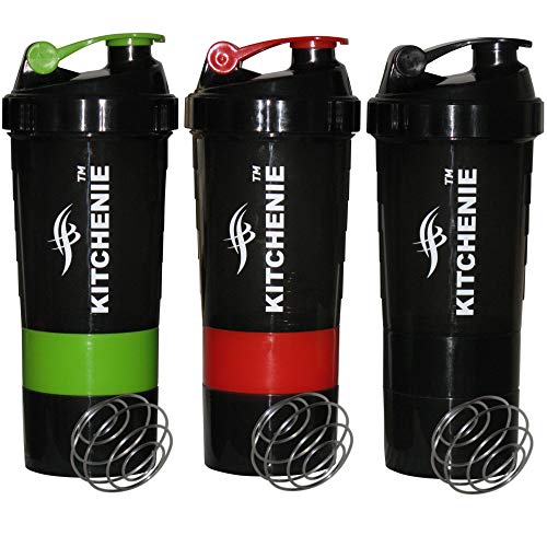 KITCHENIE Protein Shaker Bottle BPA Free-3 Pack-Easy Grip-Leak Proof Flip Cap-Stainless Steel Ice Shaker Ball, 20 Oz Drink Shaker Cup, 2 Twist-on Cups on Each Bottom for Powder & Capsule Organizer