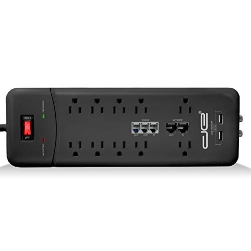 Digital Energy 15-ft Heavy Duty 10-Outlet 3500 Joules Surge Protector Power Strip, 15 Foot Long Extension Cord, Two USB Charging Ports, Coaxial, Phone Protection, ETL Listed. 15 AMP, Black