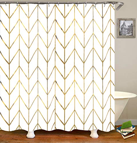 JTMall Shower Curtain with Gold Chevron, Geometric Pattern, Gold Shower Curtain Hooks/Rings, White Fabric, 72" x 72", Bathroom Decor (Golden Stripes)