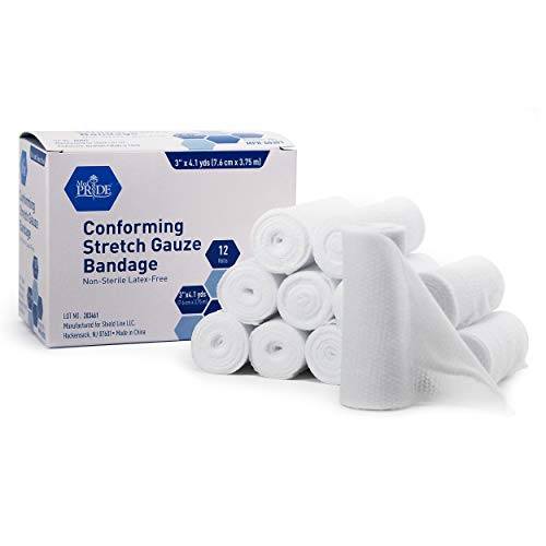 Book Cover MED PRIDE Conforming Gauze Rolls (3''x 4.1 yd)â€“ Pack of 12 First Aid Rolled Stretch Bandages for Wounds & Injuries â€“ Disposable Nonsterile Body Wrap Dressing for The Knee, Ankle, Hands, Wrist, White