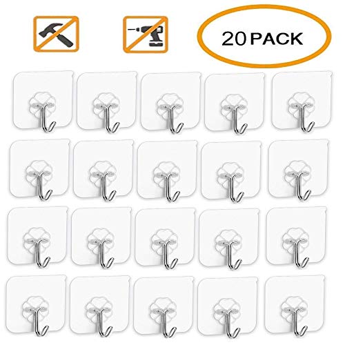 Transparent Adhesive Hooks 44 lb/ 20 kg(Max), Waterproof and Oilproof Reusable Seamless Hooks, Heavy Duty Wall Hook for Kitchen Bathroom Office-20Pack