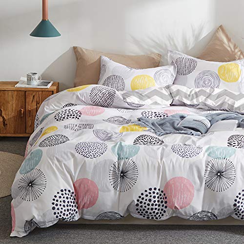 Book Cover 3 Piece Duvet Cover Set Queen (1 All Season Design Duvet Cover + 2 Pillow Shams) with Colorful Dots, 800 - TC Comforter Cover with Zipper Closure, 4 Corner Ties - Pink Gray Yellow Circles